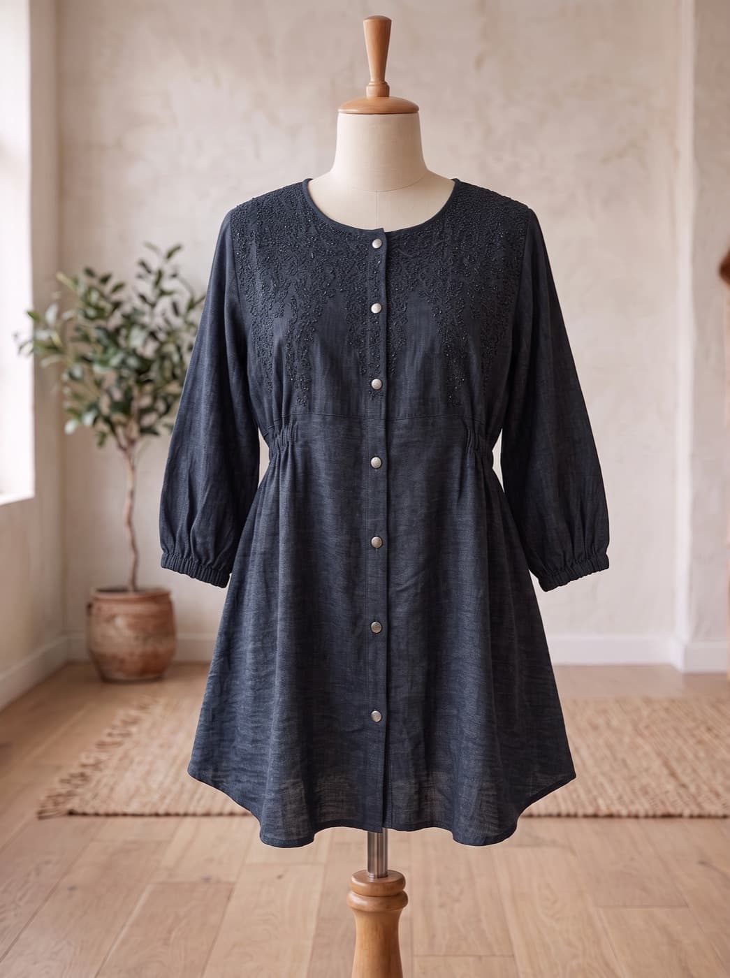 Navy Button-Front Kurti